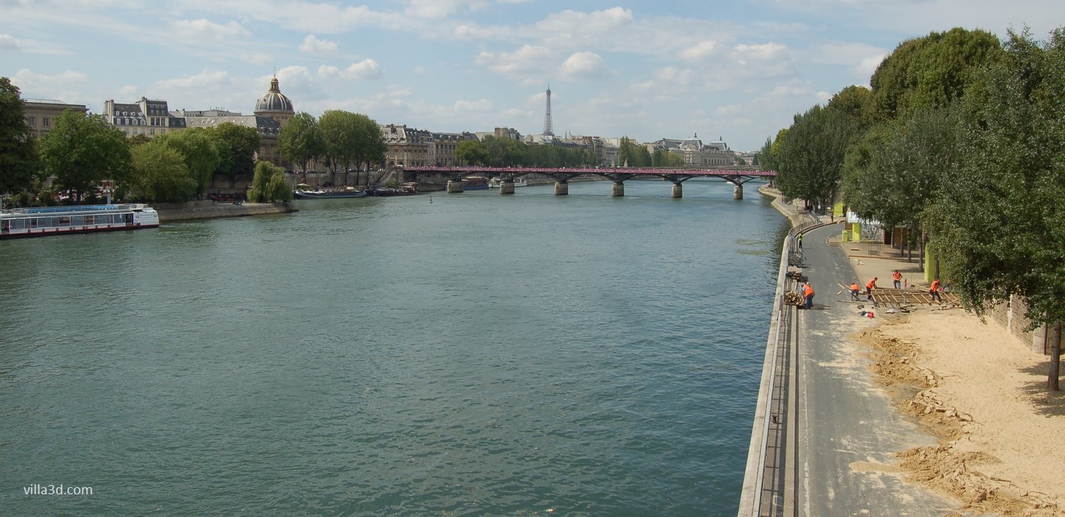 The Seine in Paris: the Institut de France dome and the Eiffel Tower in the distance, a bridge, and riverside works in progress